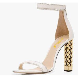 FSJ White Rhinestones Gold Metal Chain Chunky High Heels Ankle Strap Sandals